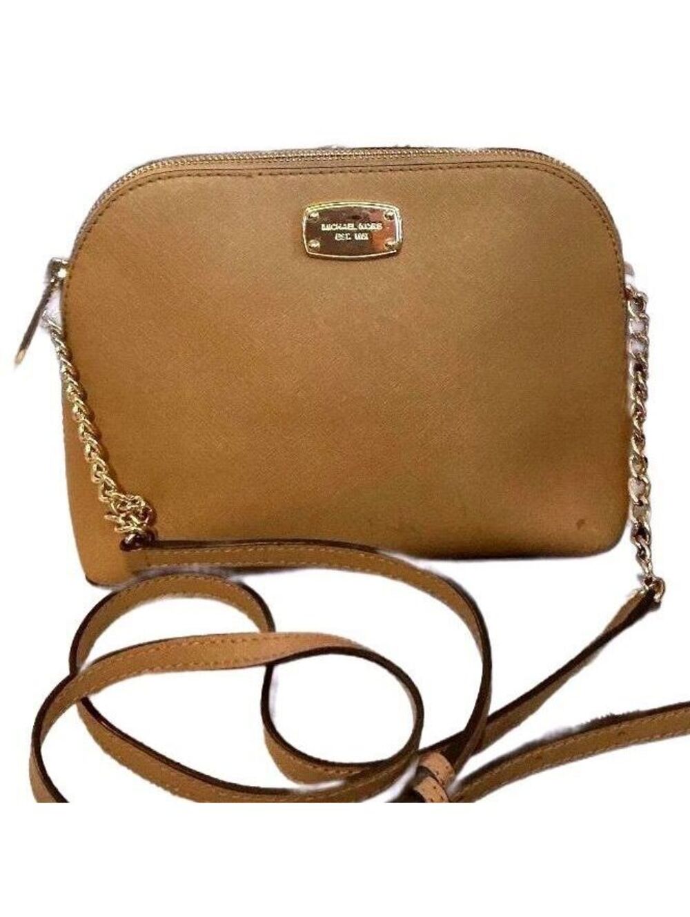 MK Michael Kors Gold Chain Adjustable Strap Tan Saffiano Leather Crossbody Bag